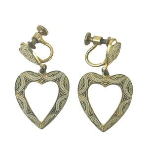 Vintage Open Cut Out Heart Dangle Screw Back Earrings